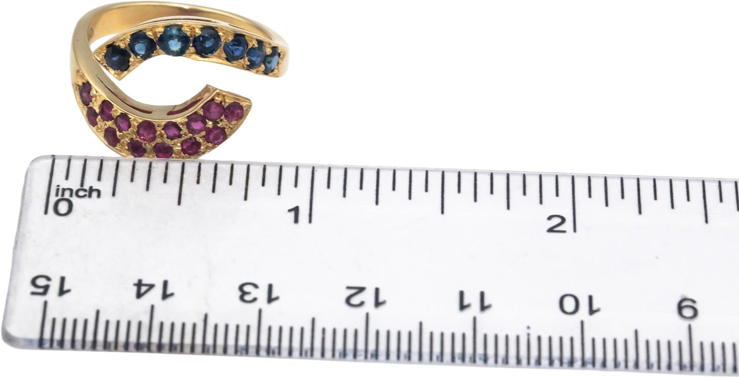 18k Yellow Gold Jewelry Round Ruby and Sapphire Bypass Ring 1.75CT Size 8.25