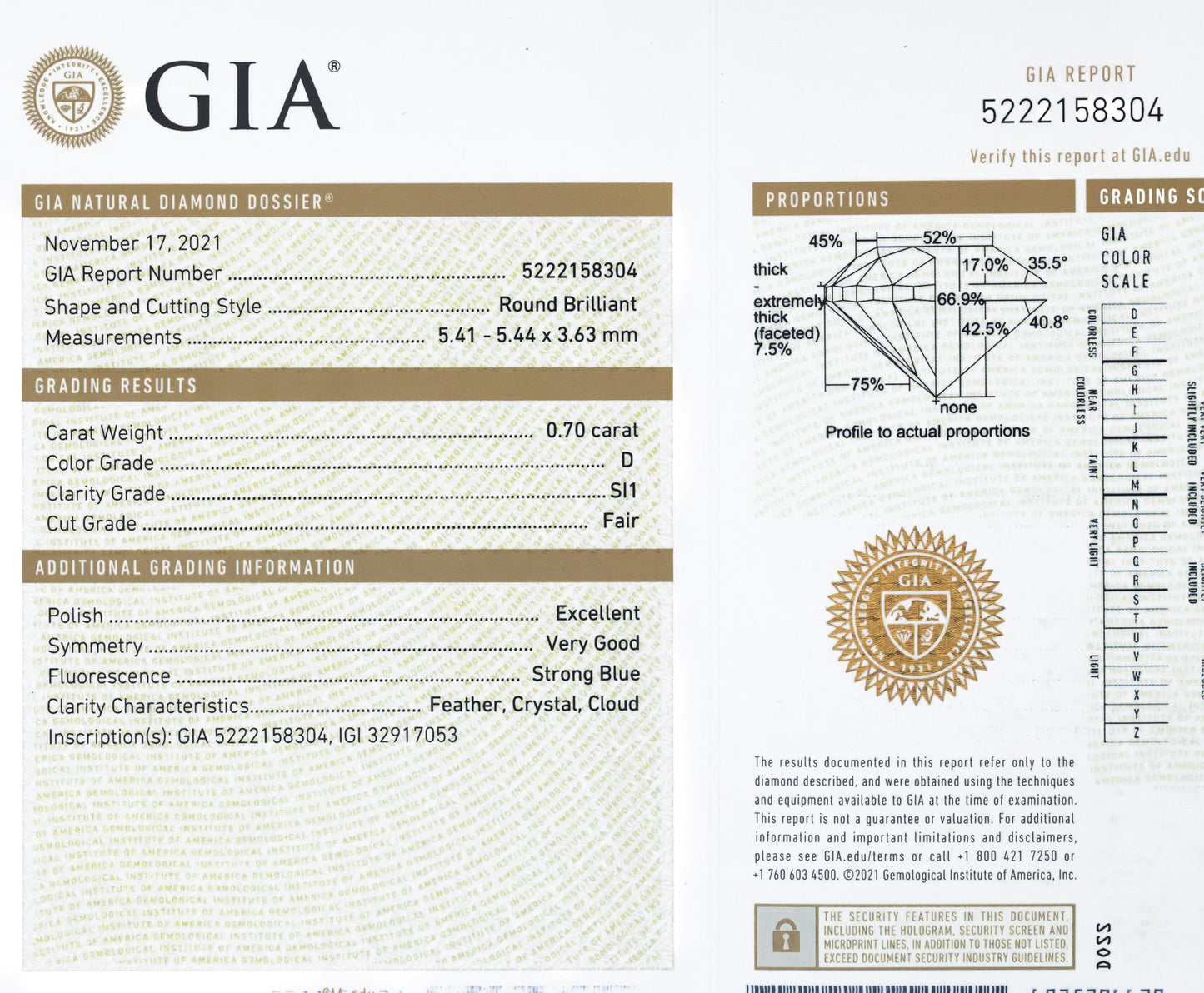 GIA Certified 0.70CT SI1/D Round Brilliant Diamond Loose Stone w/ Report