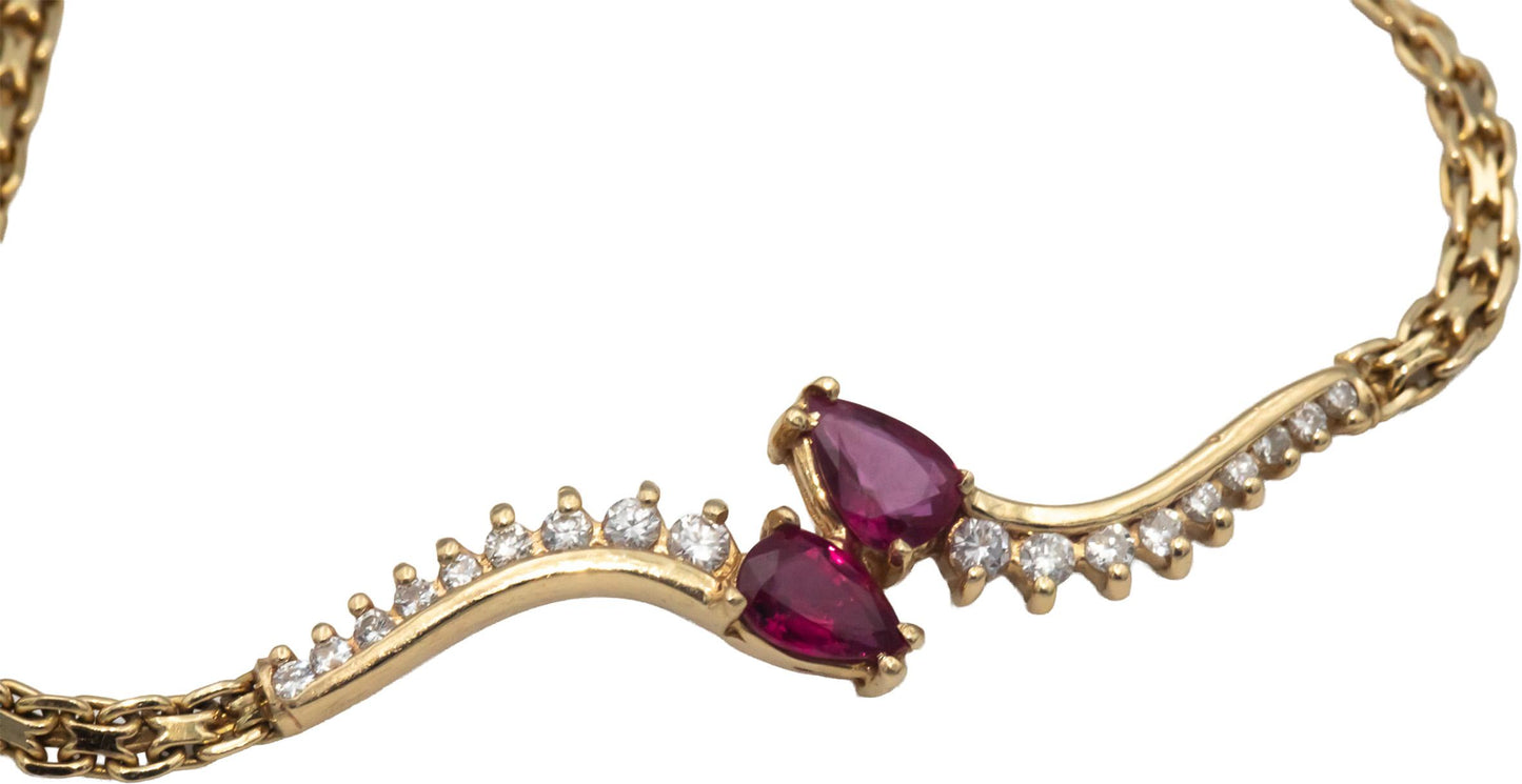 14k Yellow Gold 1.23CT Round Cut Diamond and Pear Cut Ruby Link Bracelet