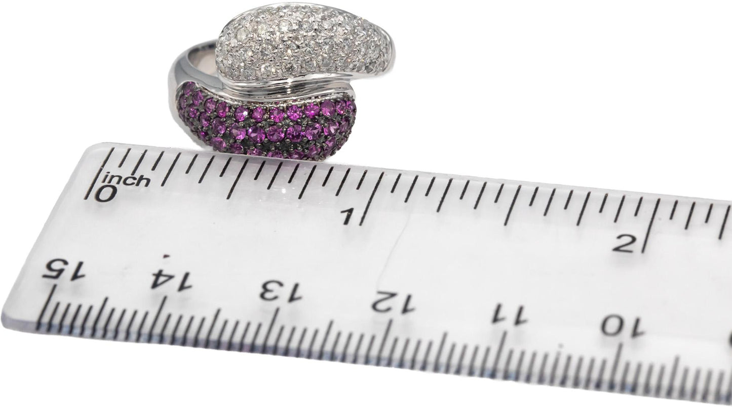 14k White Gold Round Diamond & Ruby Cluster By Pass Ring 1.0CT Size 6.75