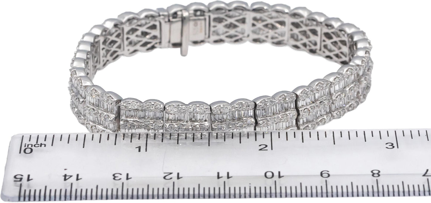 18k White Gold VS Round & Baguette Cut Diamond Fancy Link Bracelet 9.99CTW