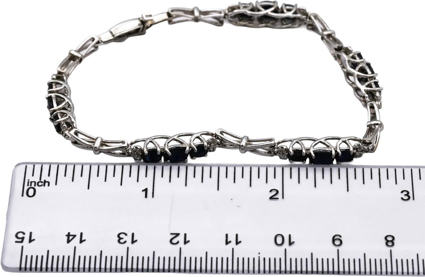 10k White Gold Oval Blue Sapphire Round Diamond Link Bracelet 1.10CTW