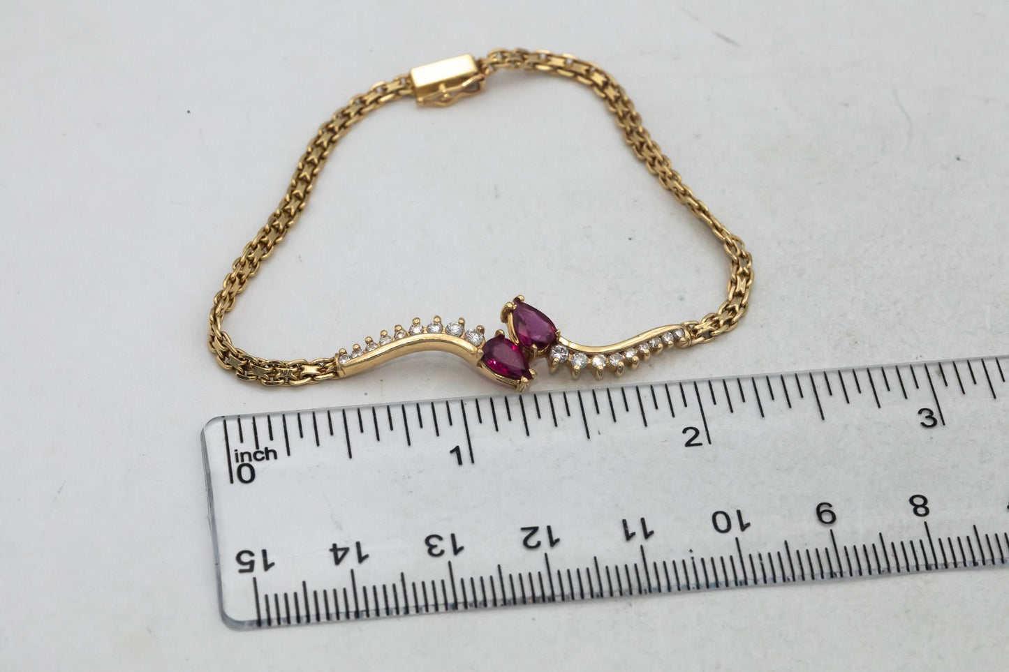 14k Yellow Gold 1.23CT Round Cut Diamond and Pear Cut Ruby Link Bracelet