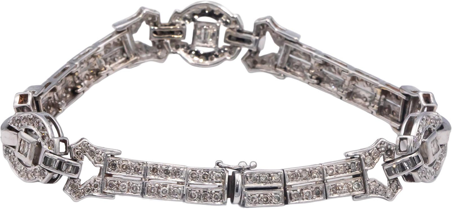18k White Gold Round and Baguette Cut Diamond Fancy Link Bracelet 3.0CT