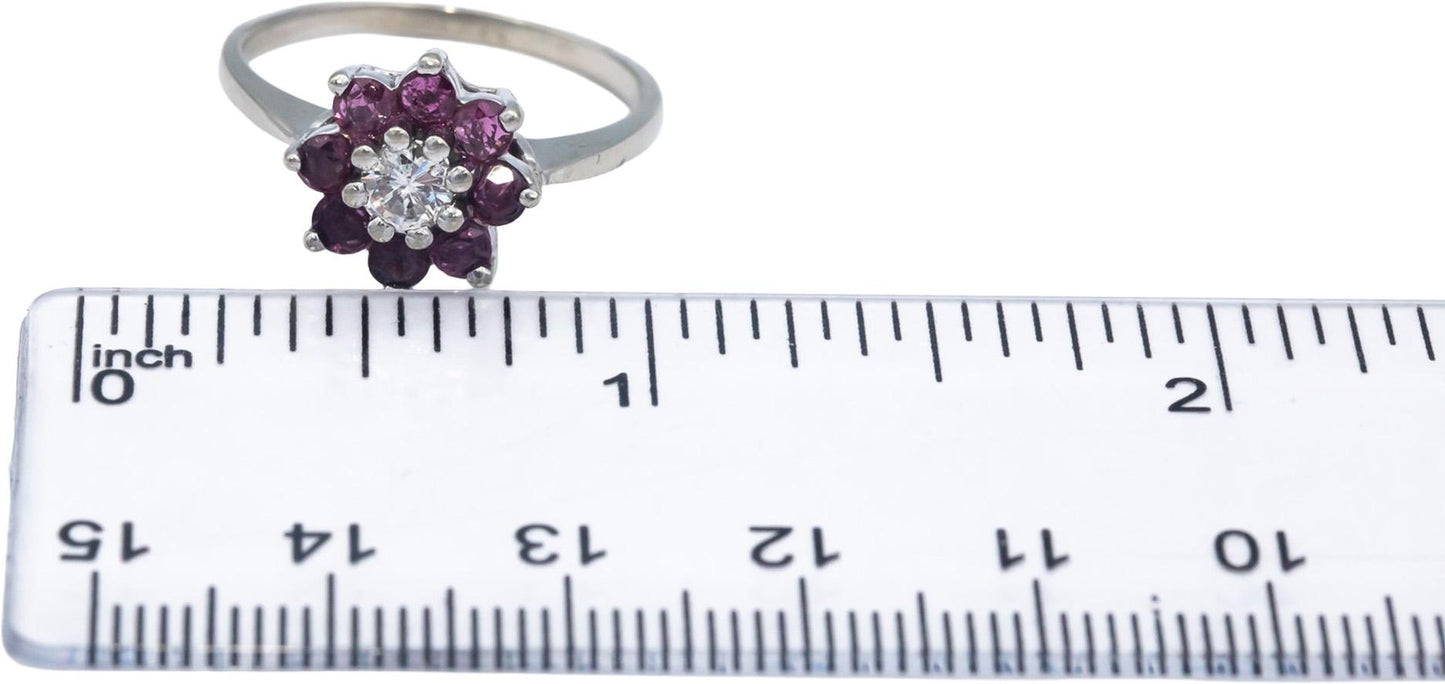 14k White Gold Diamond and Ruby Floral Cocktail Ring 0.85CT Size 8.5
