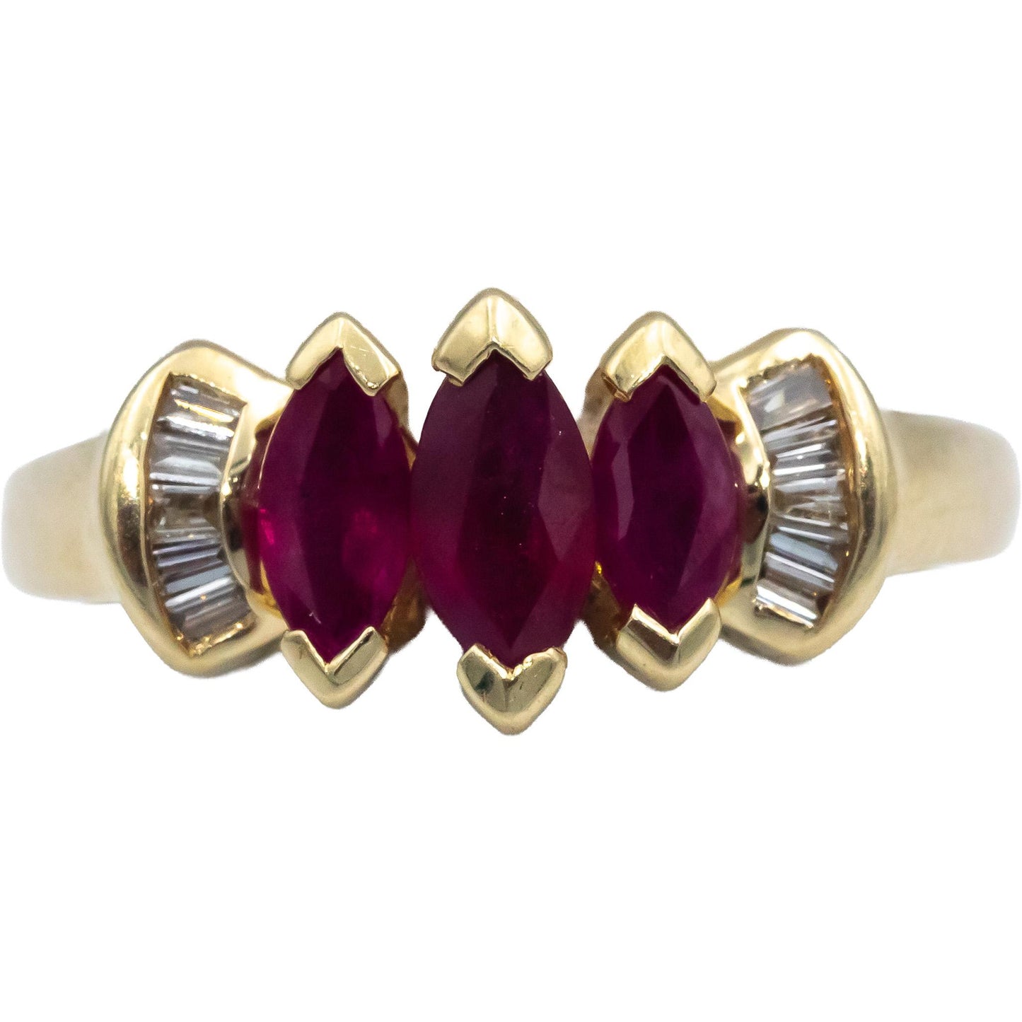 Marquise Ruby and Baguette Diamond 14k Yellow Gold Cocktail Ring 0.60CT Size 6.5