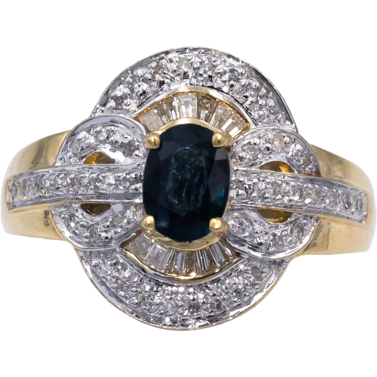 Diamond and Blue Sapphire 14k Yellow Gold Cluster Cocktail Ring 1.35CT Size 7