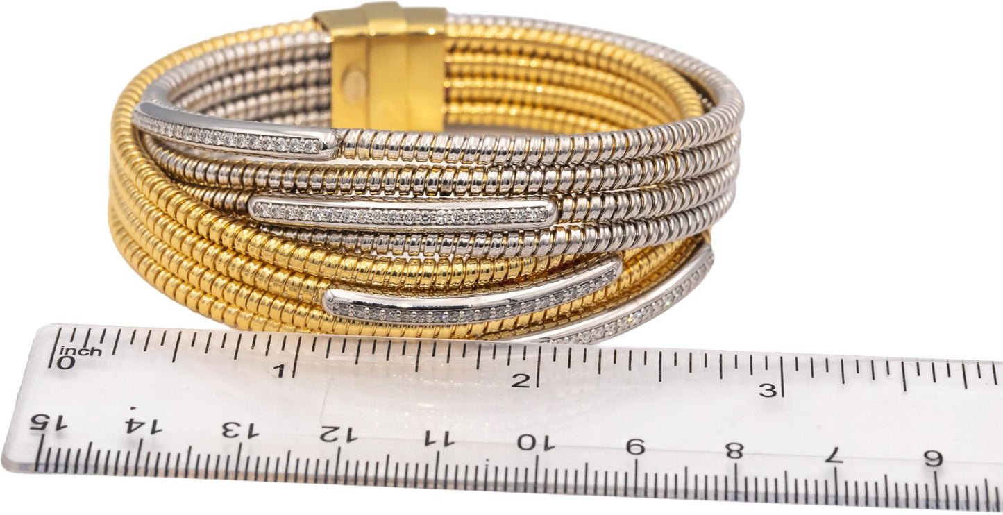 18k Yellow & White Gold Round Diamond Eight Row Flexible Bangle Bracelet 1.0CTW