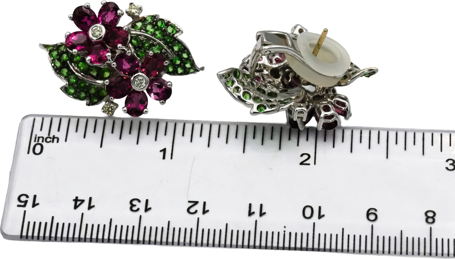 18k White Gold Diamond Pink and Green Tourmaline Flower Earrings 5.25CT