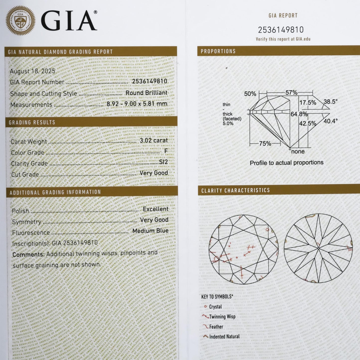 GIA Certified SI2/F Round Cut Natural Diamond Loose Stone 3.02CT