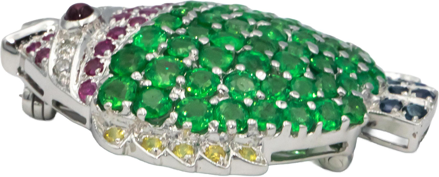 18k White Gold Diamond Ruby Sapphire & Green Garnet Tropical Fish Brooch 5.10CT