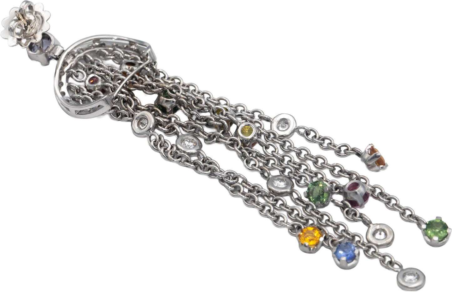 18k White Gold Diamond and Rainbow Sapphire Drop Dangle Tassel Earrings 8.0CT