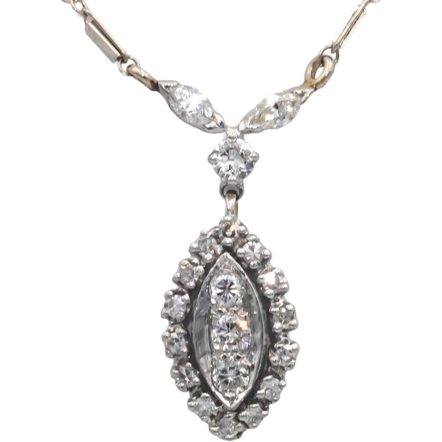 Vintage Antique 14k White Gold 0.75CT VS Diamond Fixed Pendant Necklace