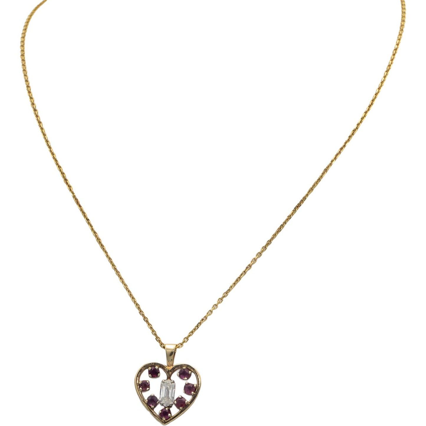 14k Yellow Gold 0.70CT VS Lozenge Cut Diamond & Ruby Heart Pendant Necklace