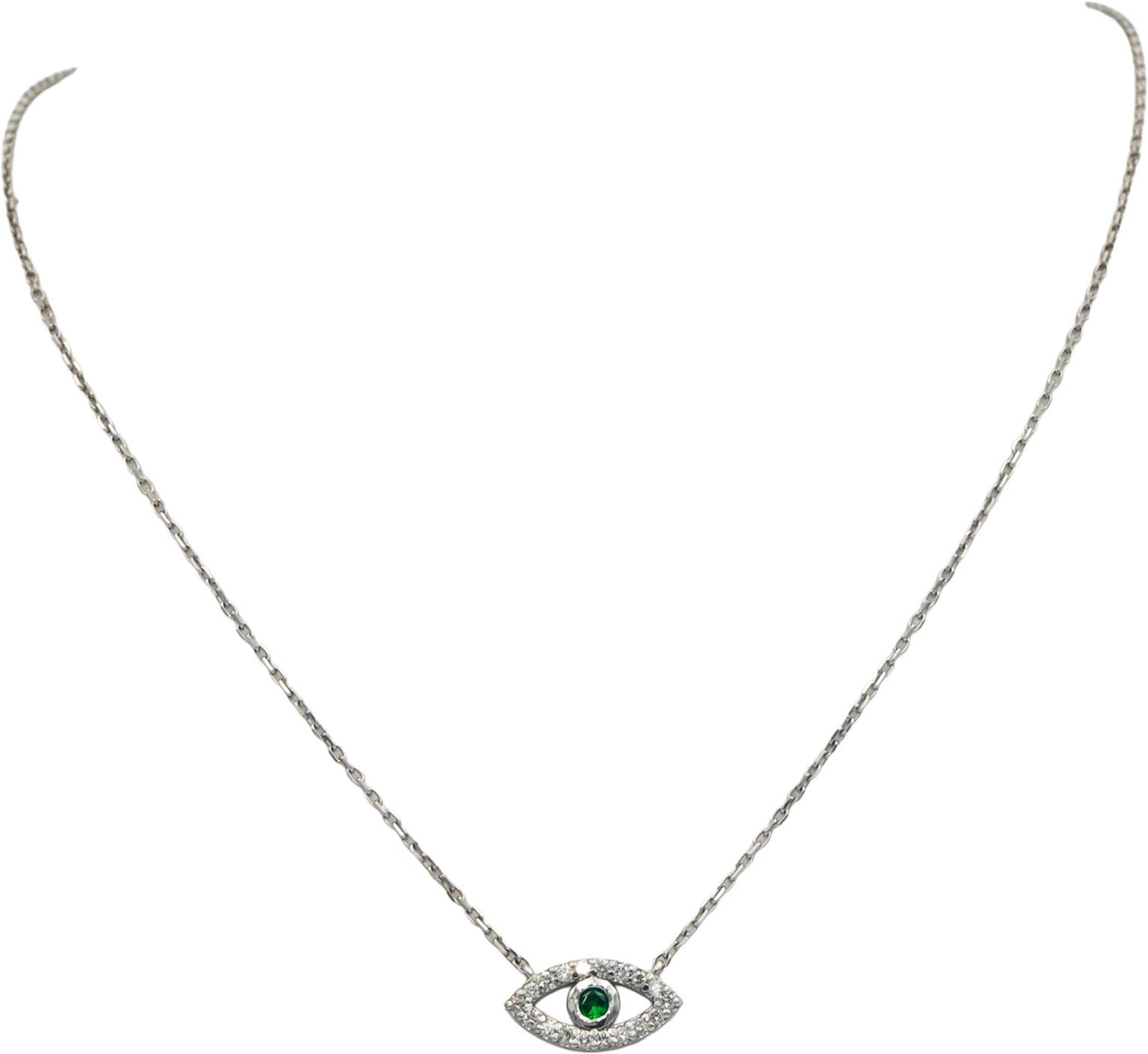 14k White Gold 0.32CT Diamond and Tsavorite Garnet Evil Eye Pendant Necklace