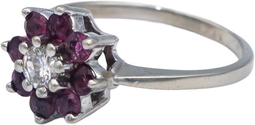 14k White Gold 0.85CT Diamond and Ruby Floral Cocktail Ring Size 8.5