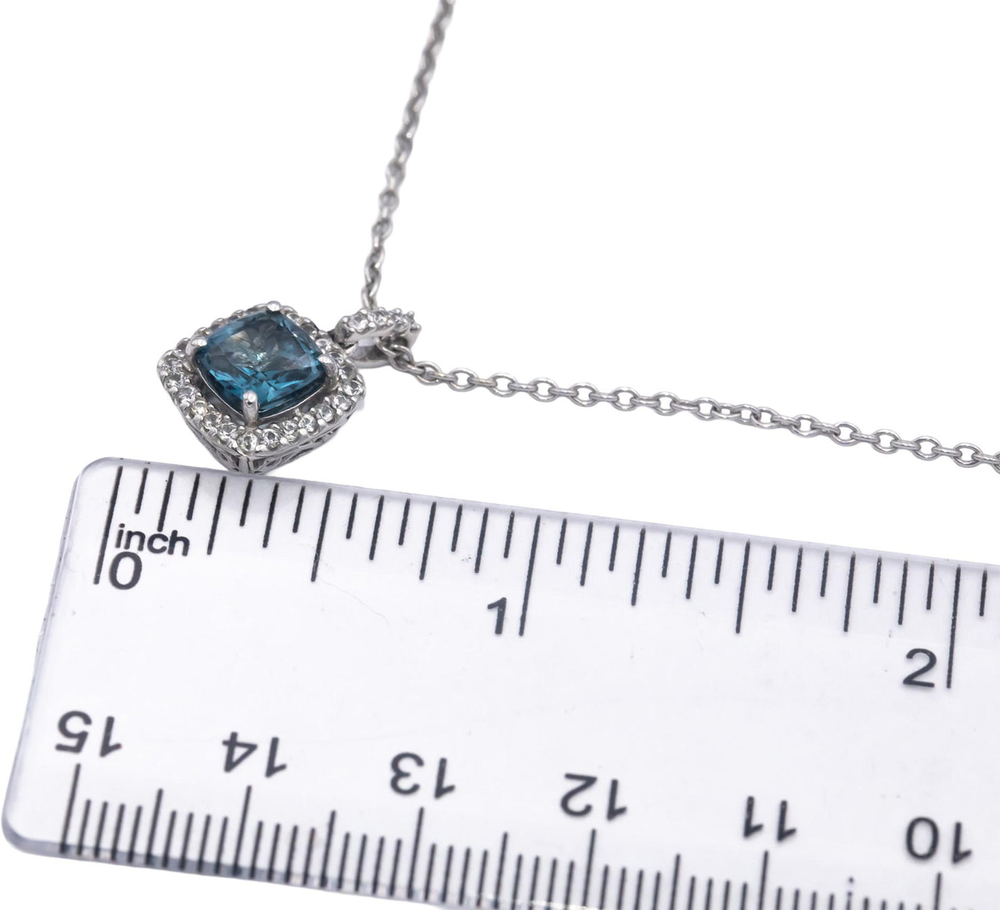 14k White Gold Blue and White Topaz Halo Pendant Necklace 2.75CT
