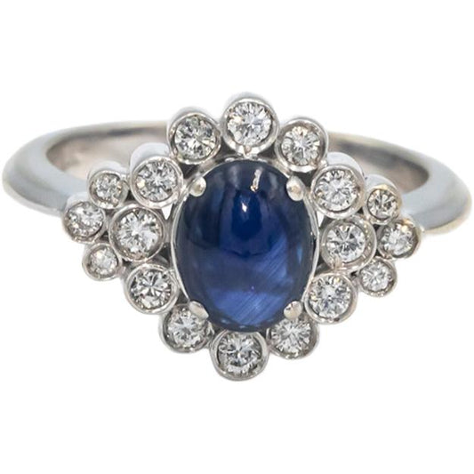 18k White Gold Round Diamond Cabochon Sapphire Cluster Cocktail Ring 1.50CT