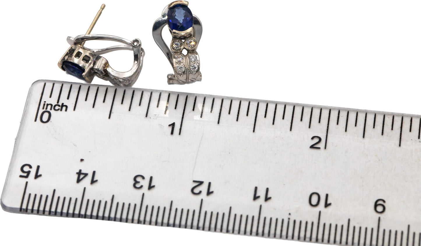 14k White Gold Oval Sapphire Round Diamond Earrings 0.95CTW