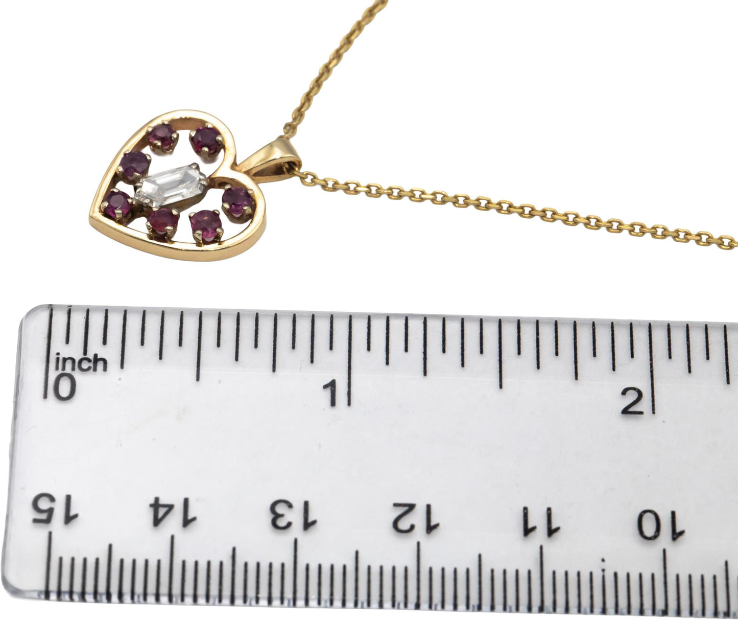 14k Yellow Gold 0.70CT VS Lozenge Cut Diamond & Ruby Heart Pendant Necklace