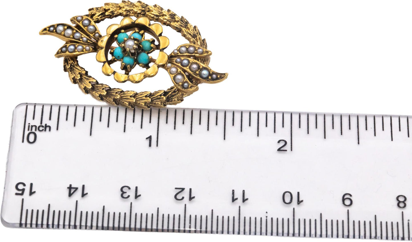 14k Yellow Gold Cabochon Turquoise and Seed Pearl Floral Brooch Pin