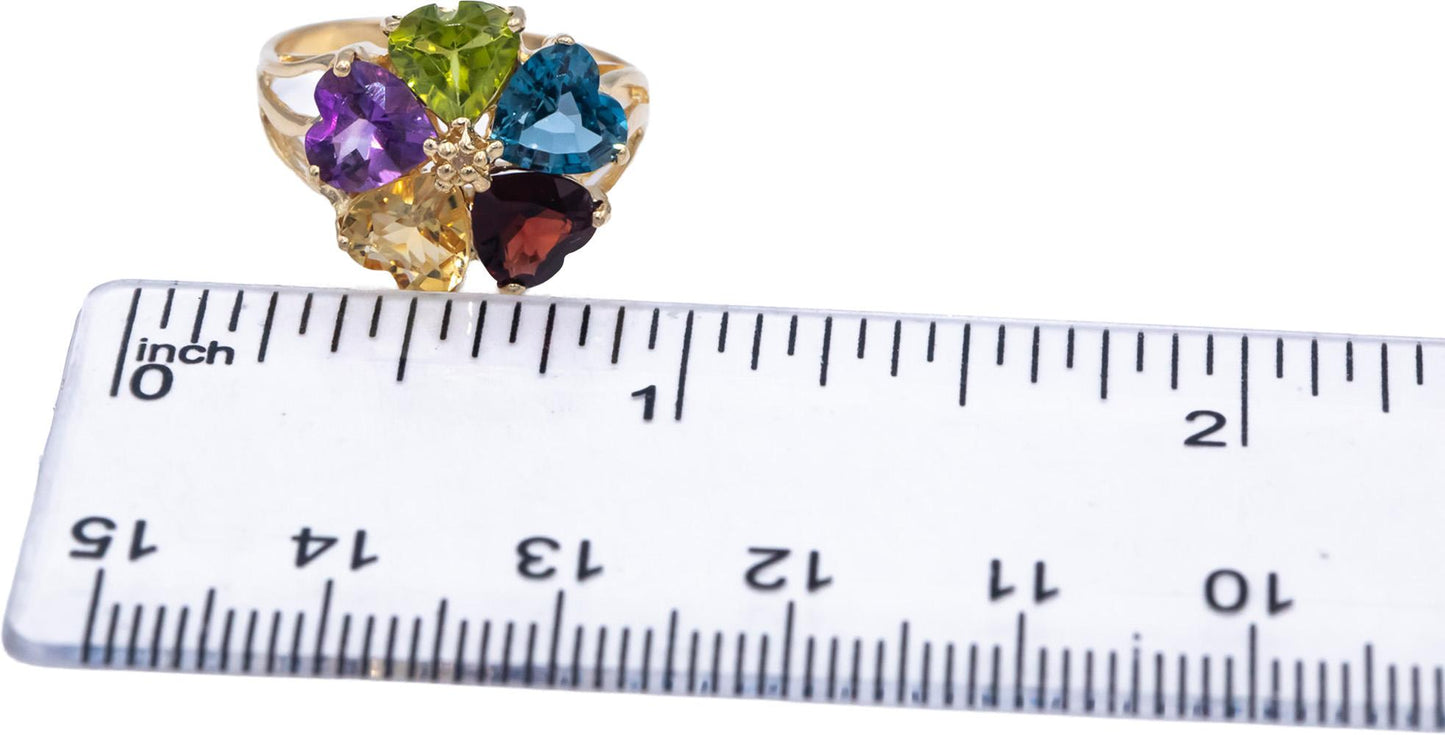 14k Yellow Gold Heart Cut Rainbow Gemstone Flower Ring w/ Diamond Accent 4.0CT