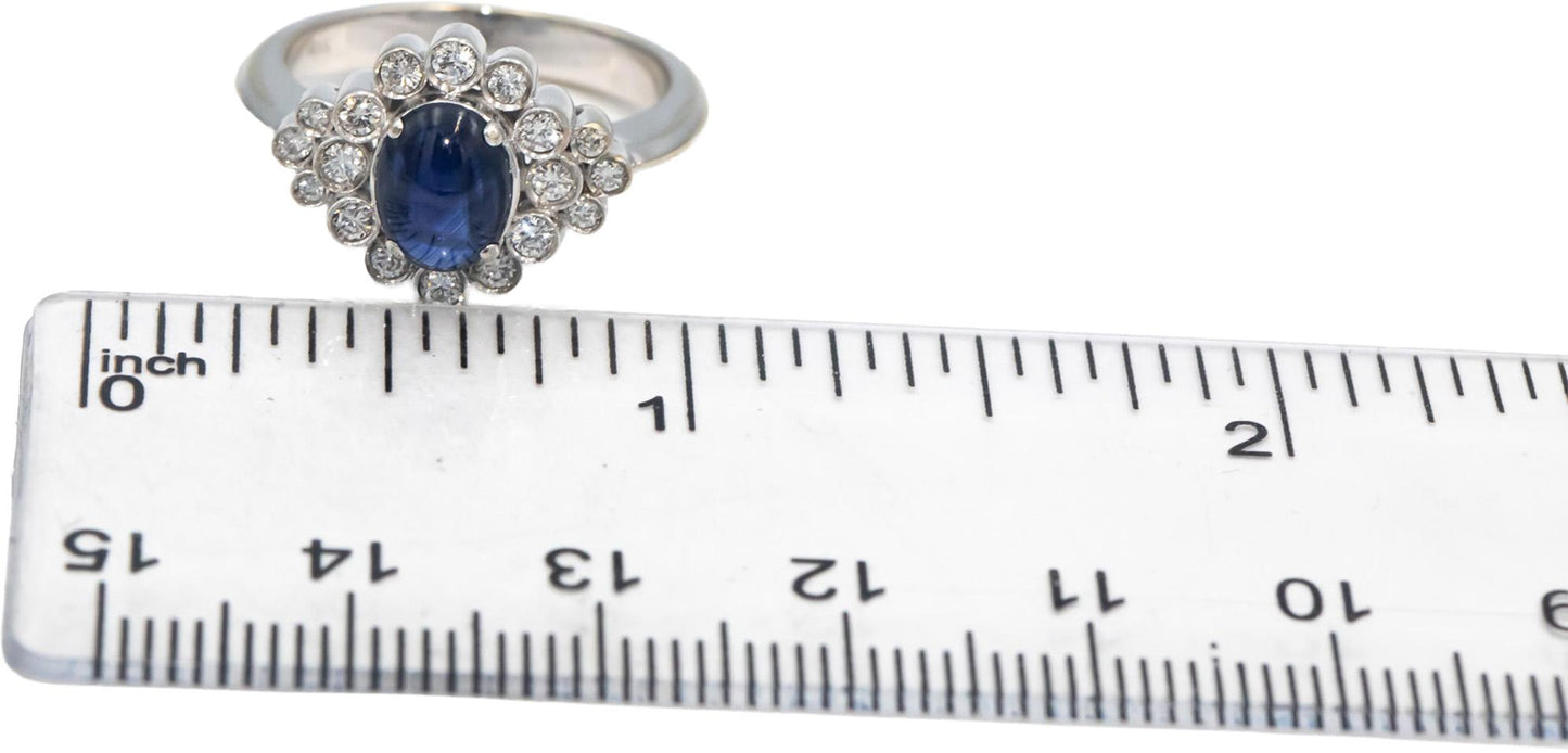 18k White Gold Round Diamond Cabochon Sapphire Cluster Cocktail Ring 1.50CT
