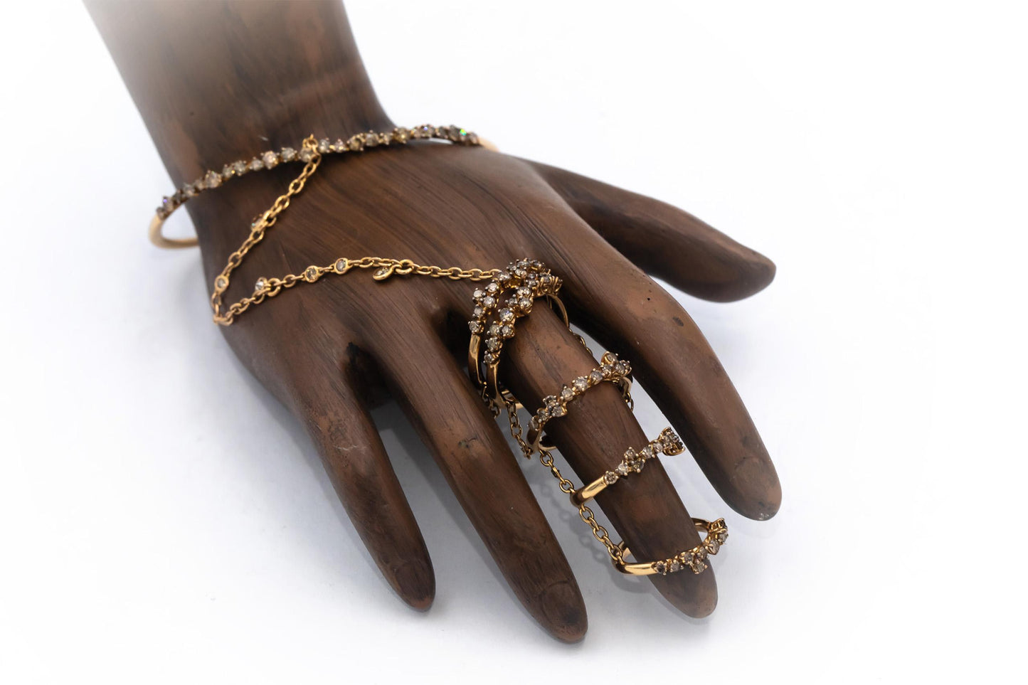CASTO Designer 18k Yellow Gold Round Diamond Hand Chain Ring Bracelet 2.0CT