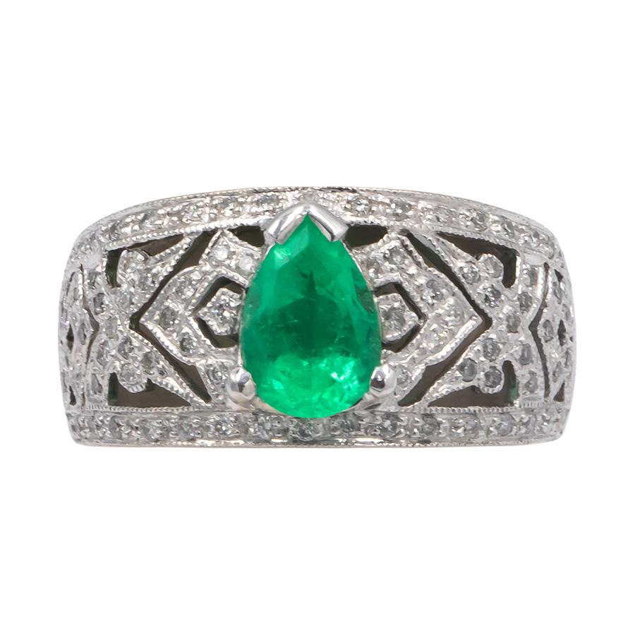 Designer 18k White Gold Diamond and Emerald Filigree Ring 1.45CT Size 6.25