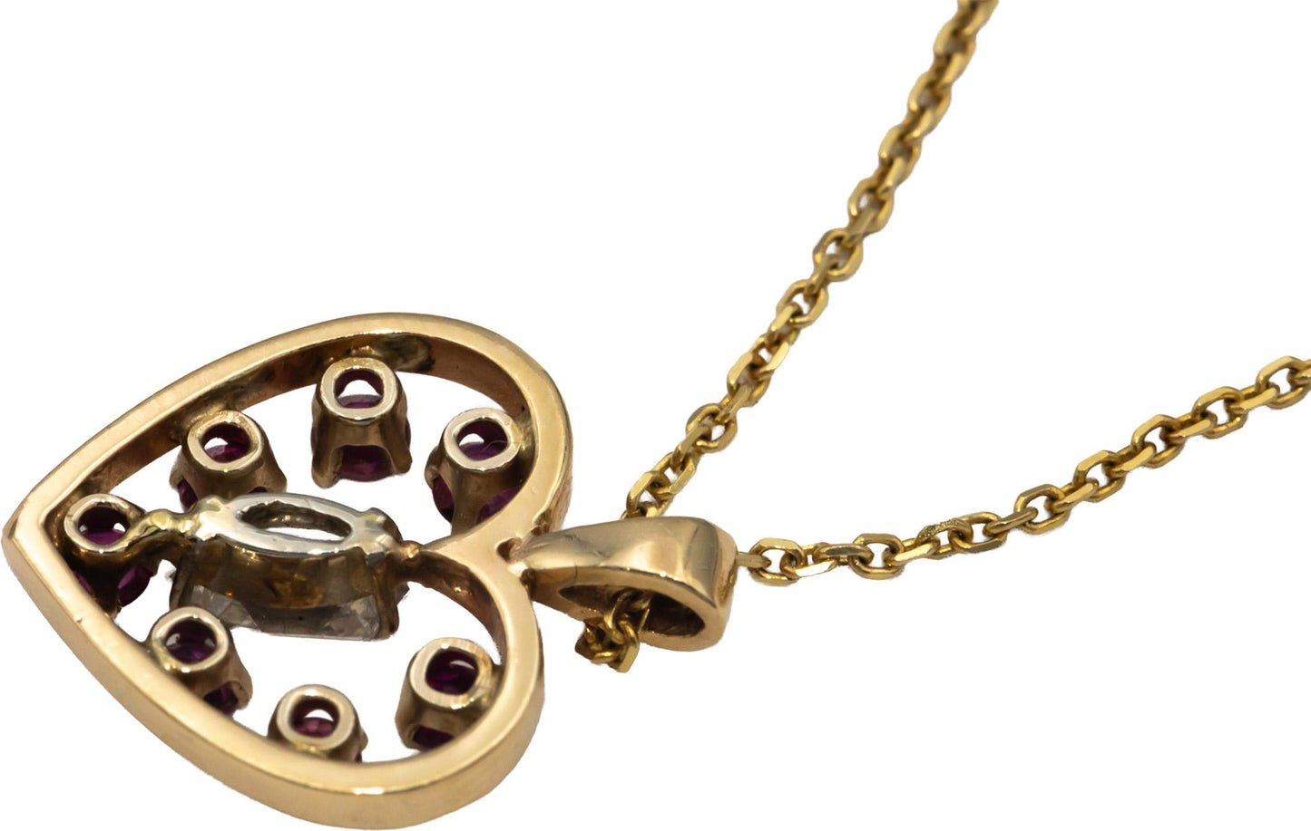 14k Yellow Gold 0.70CT VS Lozenge Cut Diamond & Ruby Heart Pendant Necklace