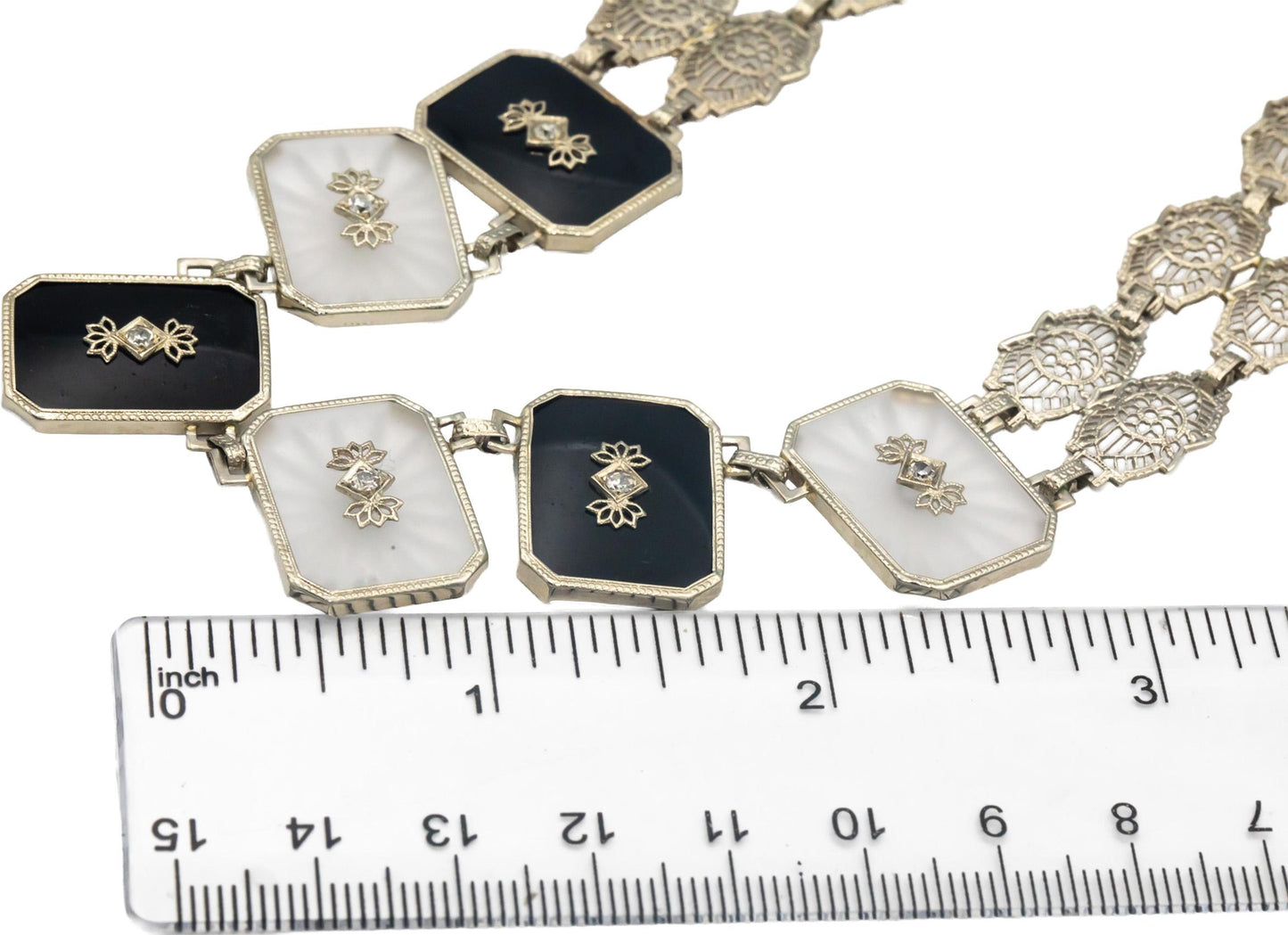 Vintage Antique 14k Gold VS Diamond Rock Crystal Onyx Formal Necklace 0.20CT