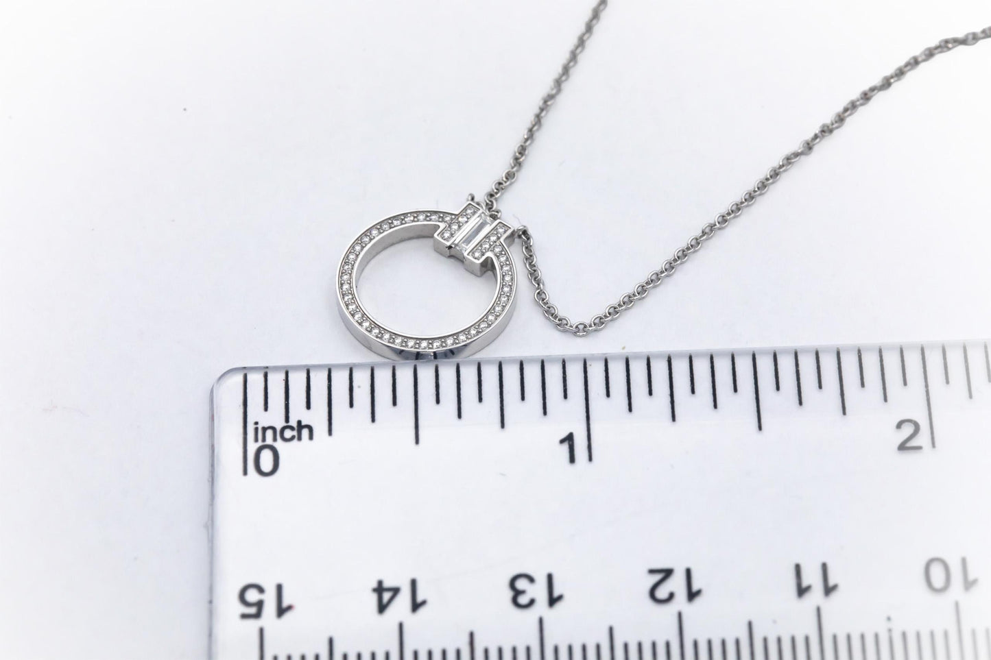 TIFFANY & CO. 18k White Gold 0.15CT Diamond T Circle Pendant Necklace $4800