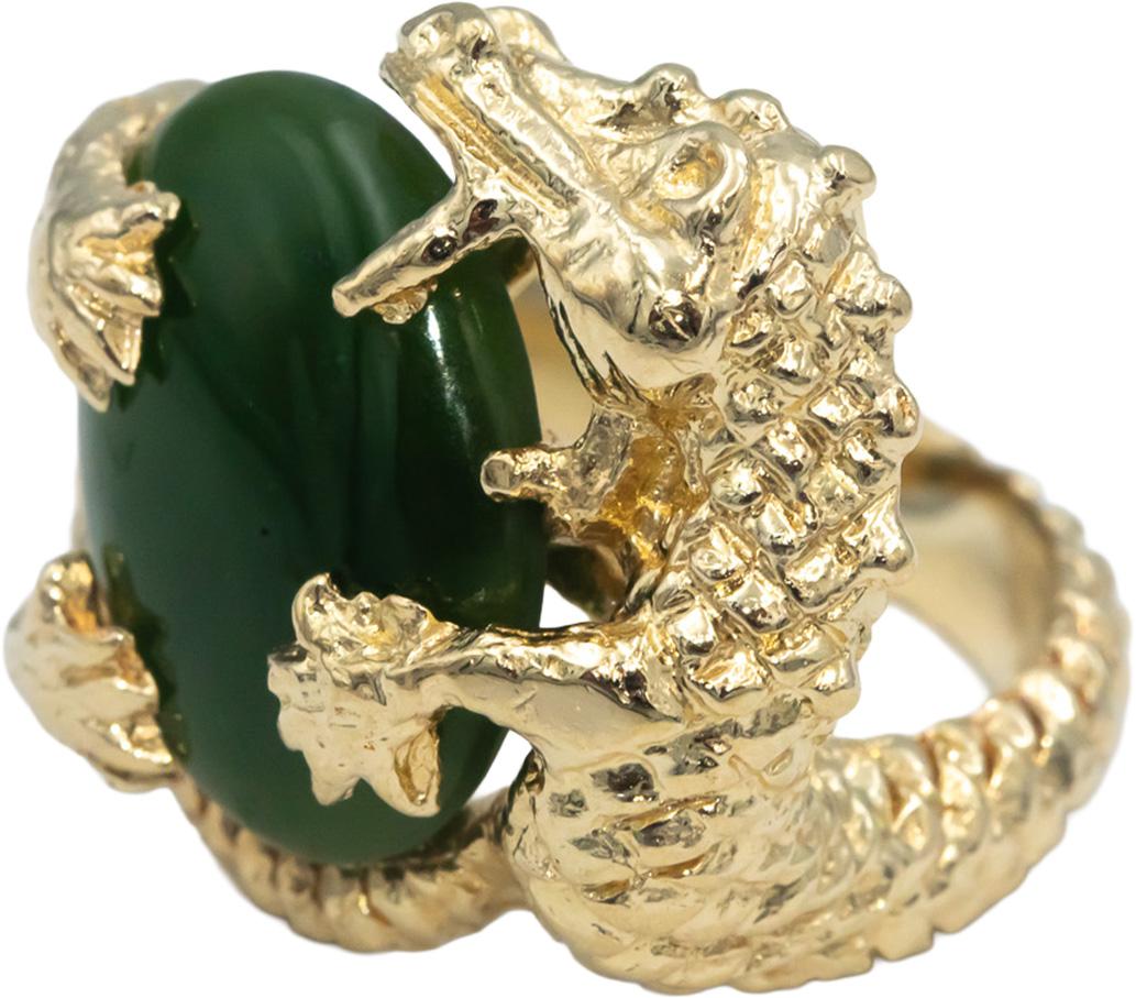 14k Yellow Gold Cabochon 15.5 x 11.7mm Jadeite Dragon Cocktail Ring Size 6
