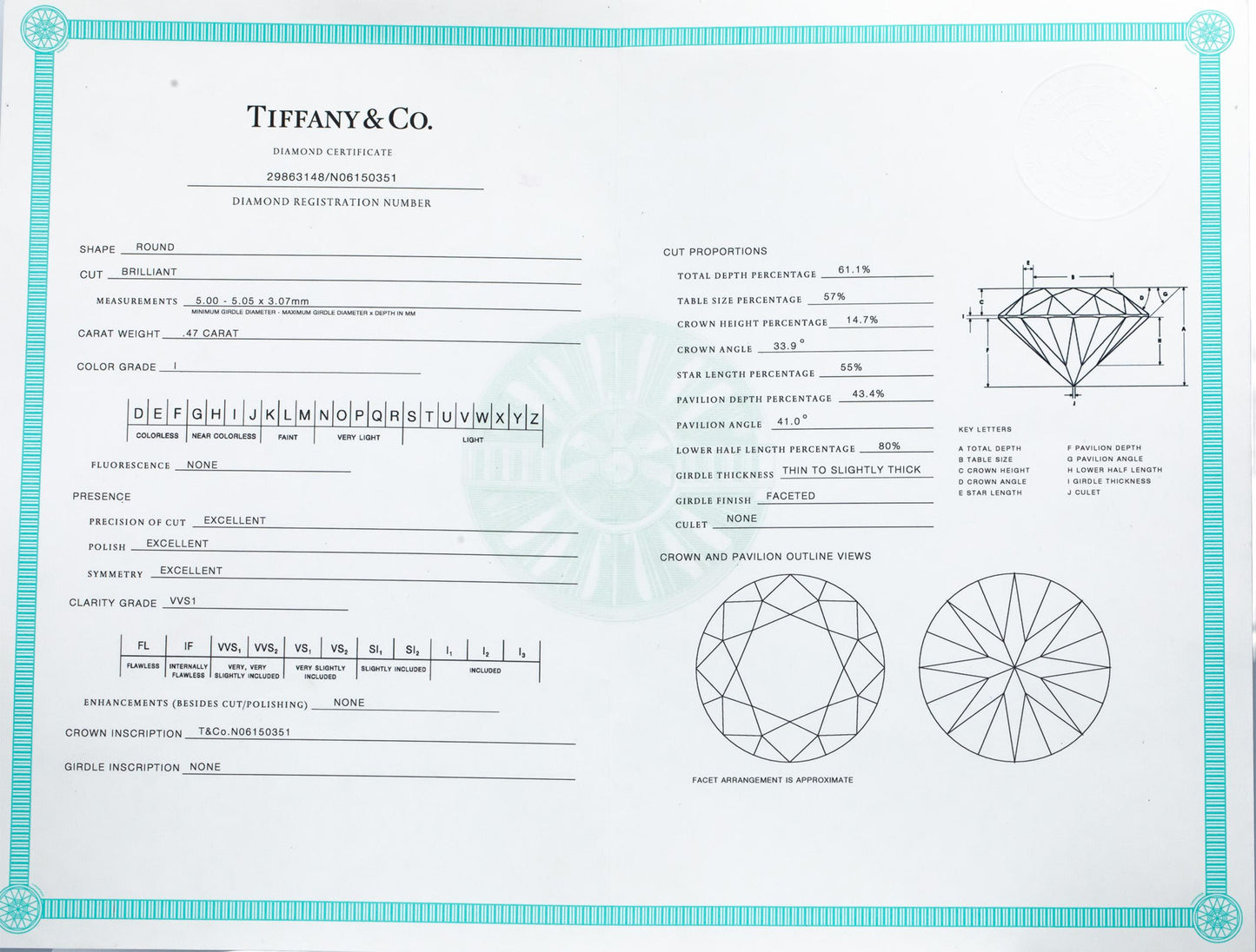TIFFANY & CO. Platinum VVS1/I Diamond Engagement Ring .47CT w/ Cert & Box $5790