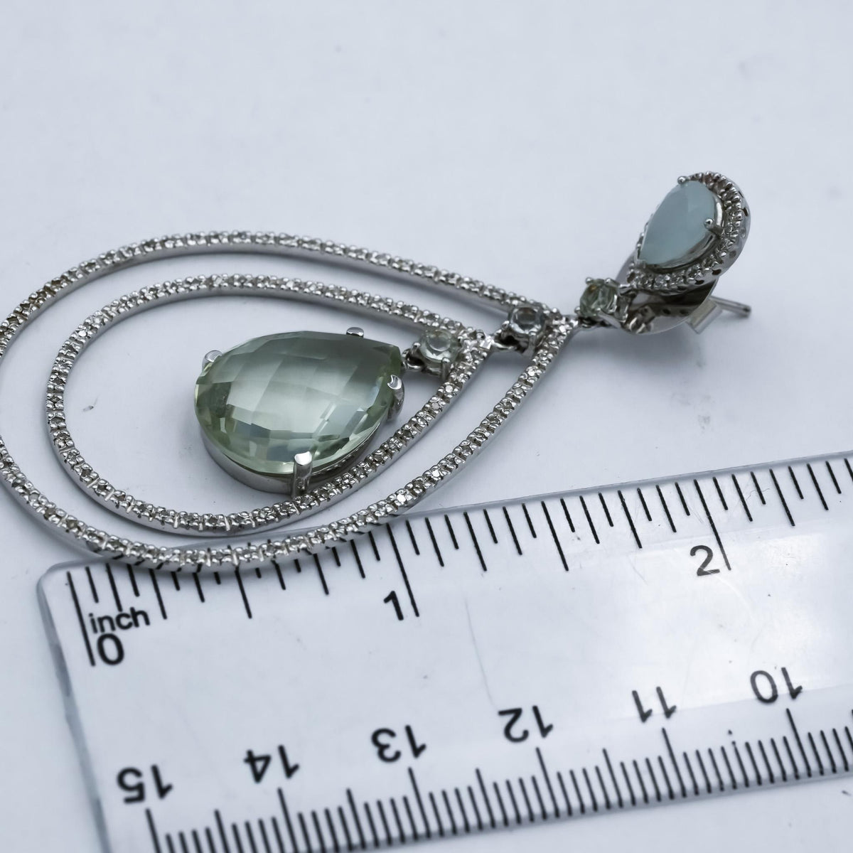 18k White Gold Diamond Moonstone Quartz Green Beryl Dangle Earrings 1.50CT