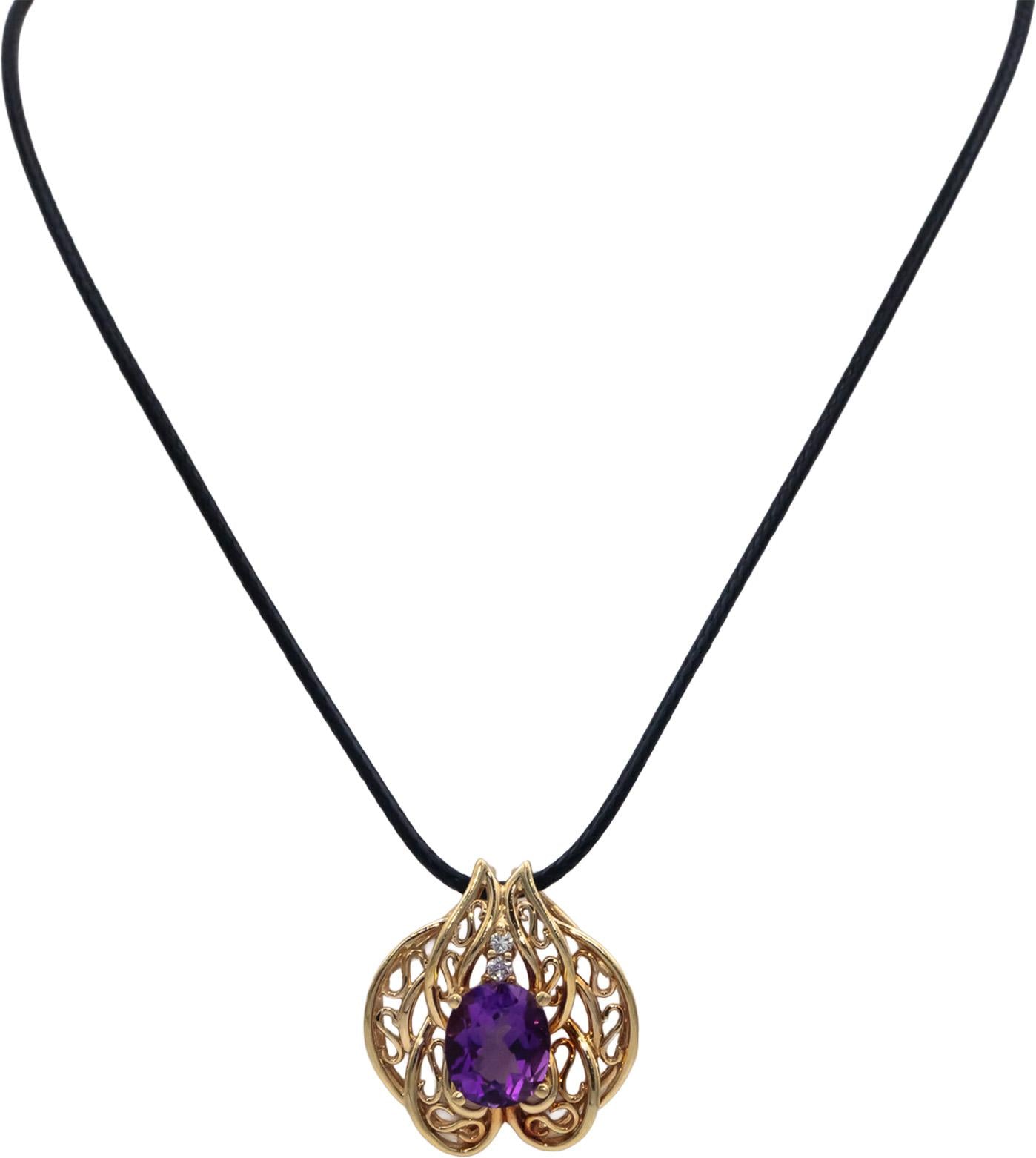 14k Yellow Gold 6.07CT VS Diamond and Amethyst Pendant on Cord Necklace