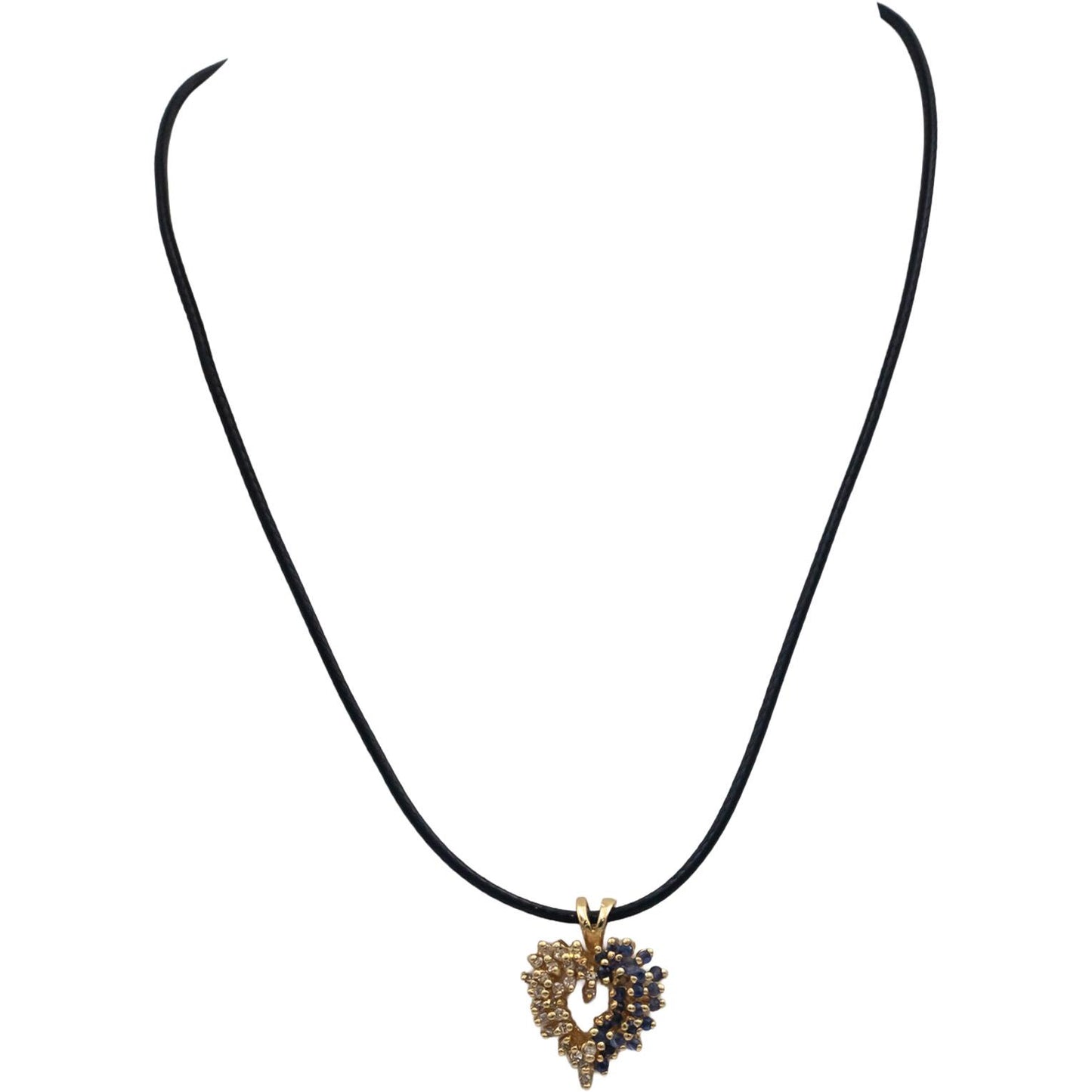 14k Yellow Gold 0.63CT Diamond and Sapphire Heart Cluster Pendant Necklace