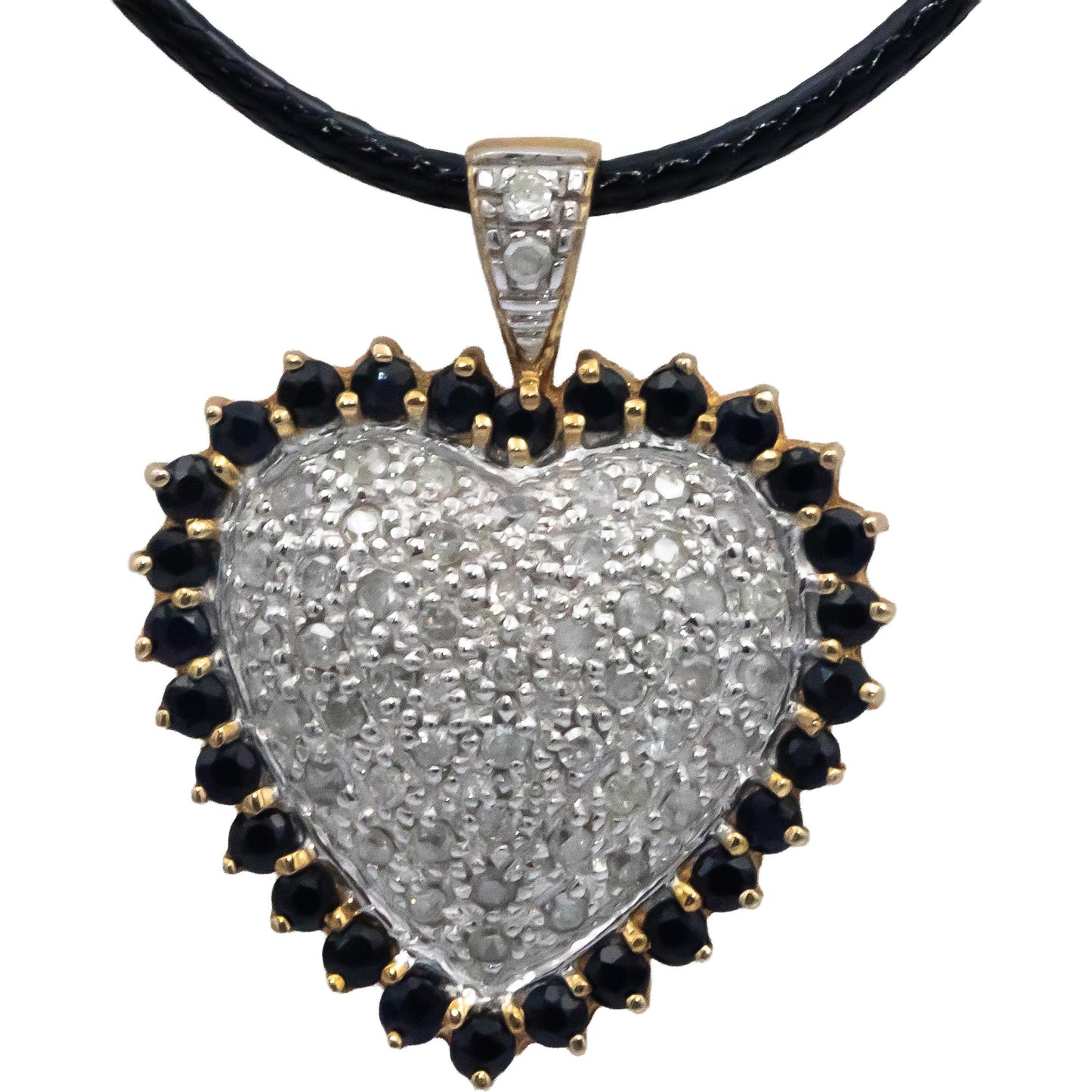 10k Yellow White Gold 1.0CT Diamond and Sapphire Cluster Heart Pendant Necklace