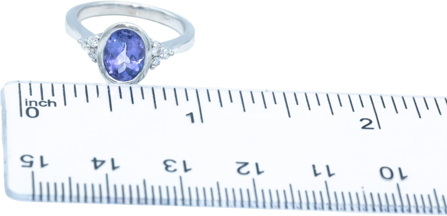 14k White Gold 1.10CT Round Cut Diamond & Oval Cut Tanzanite Ring Size 5.25