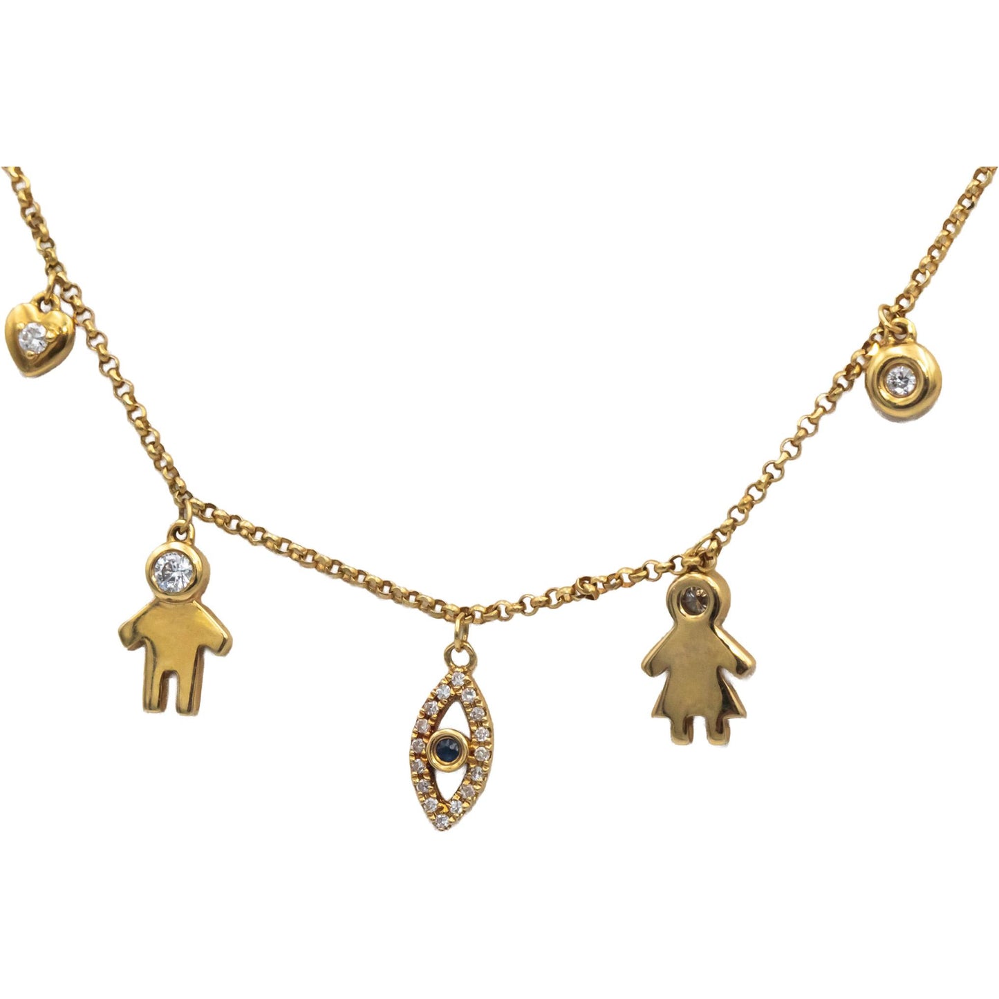 18k Yellow Gold 0.10CT VS Diamond Mixed Themes Charm Dangle Necklace w/ Sapphire