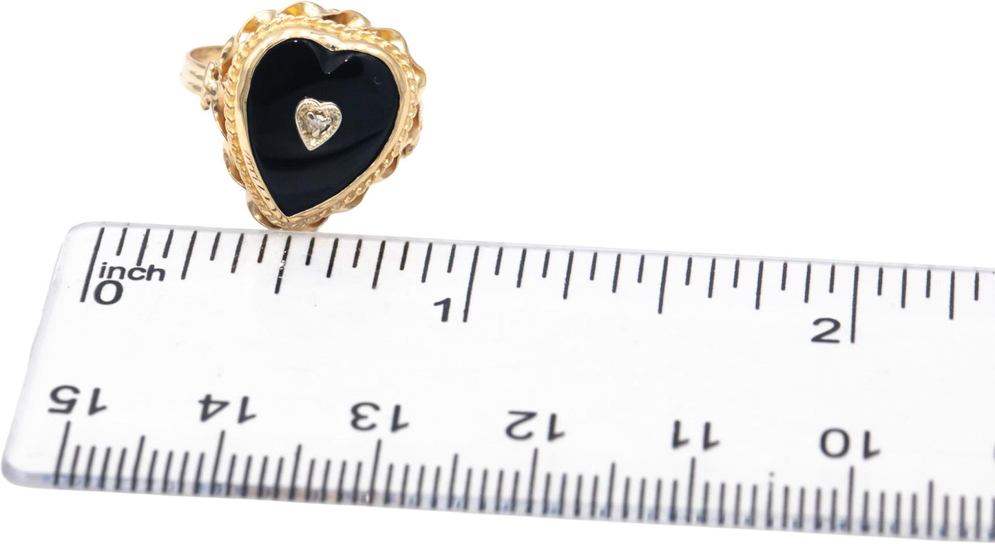 Black Onyx 10k Yellow Gold Heart Cocktail Ring Size 5.75 w/ Diamond Accent