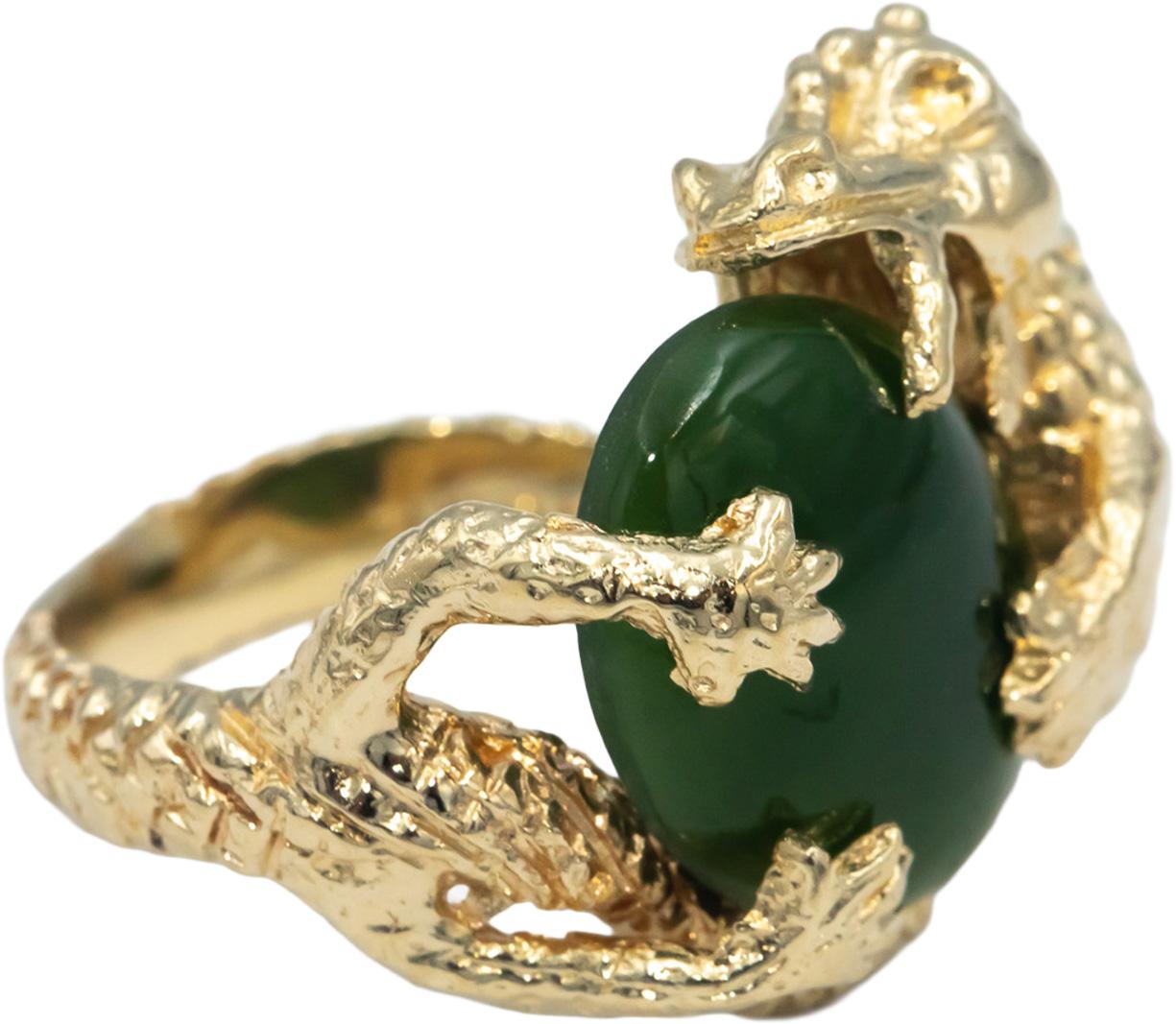 14k Yellow Gold Cabochon 15.5 x 11.7mm Jadeite Dragon Cocktail Ring Size 6