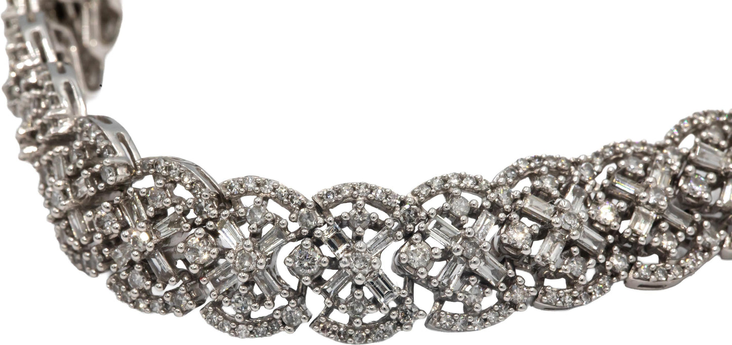 14k White Gold Round and Baguette Cut Diamond Fancy Link Bracelet 5.0CT