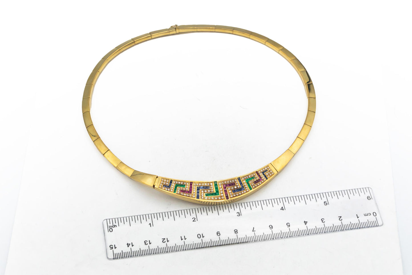 18k Yellow Gold Diamond Ruby Emerald Sapphire Formal Collar Necklace 3.70CT