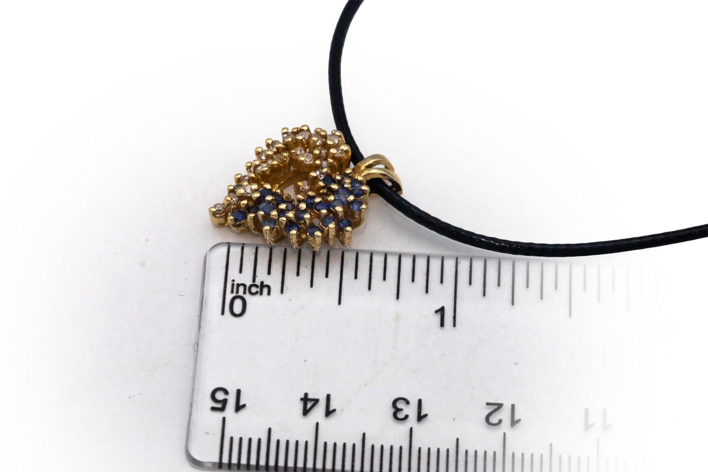 14k Yellow Gold Diamond and Sapphire Heart Cluster Pendant Necklace 0.63CT