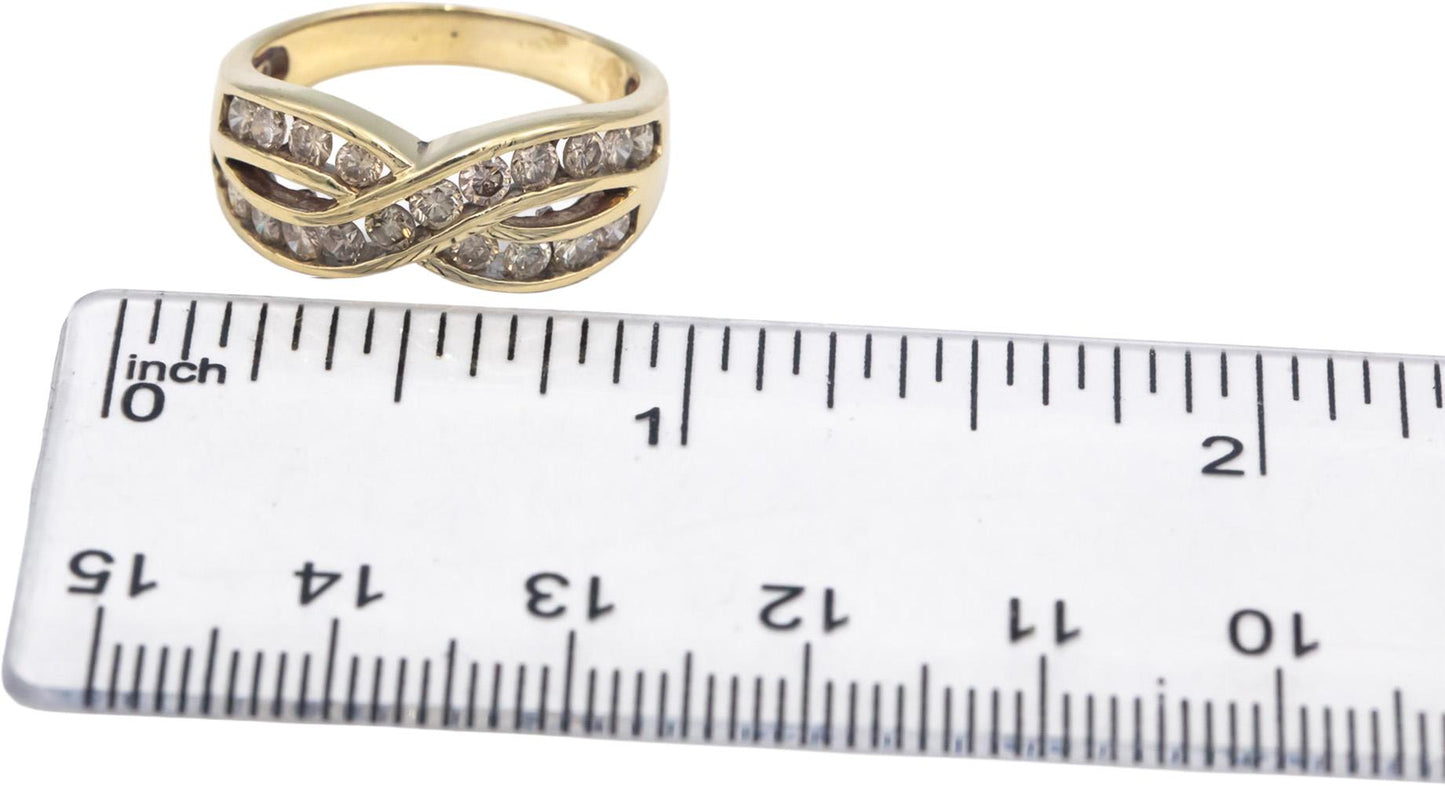 Diamond Round Cut 10k Yellow Gold Channel Set Crossover Band Ring 1.0CT Size 7