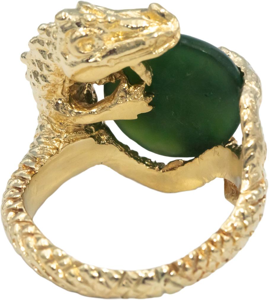 14k Yellow Gold Cabochon 15.5 x 11.7mm Jadeite Dragon Cocktail Ring Size 6