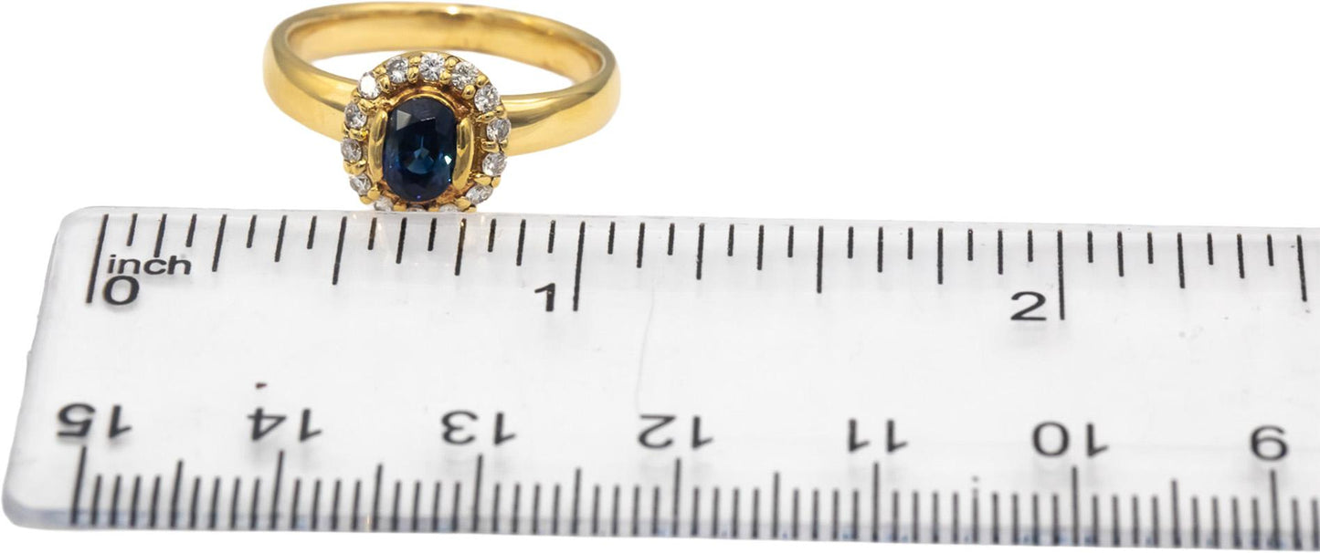 18k Yellow Gold Oval Sapphire and Round Diamond Halo Ring 0.97CT Size 6.25