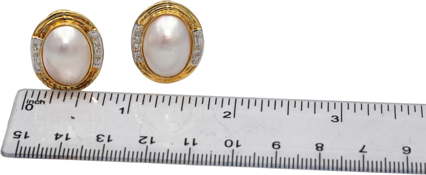 14k Yellow and White Gold Diamond & Mabe Pearl Earrings 0.08CT