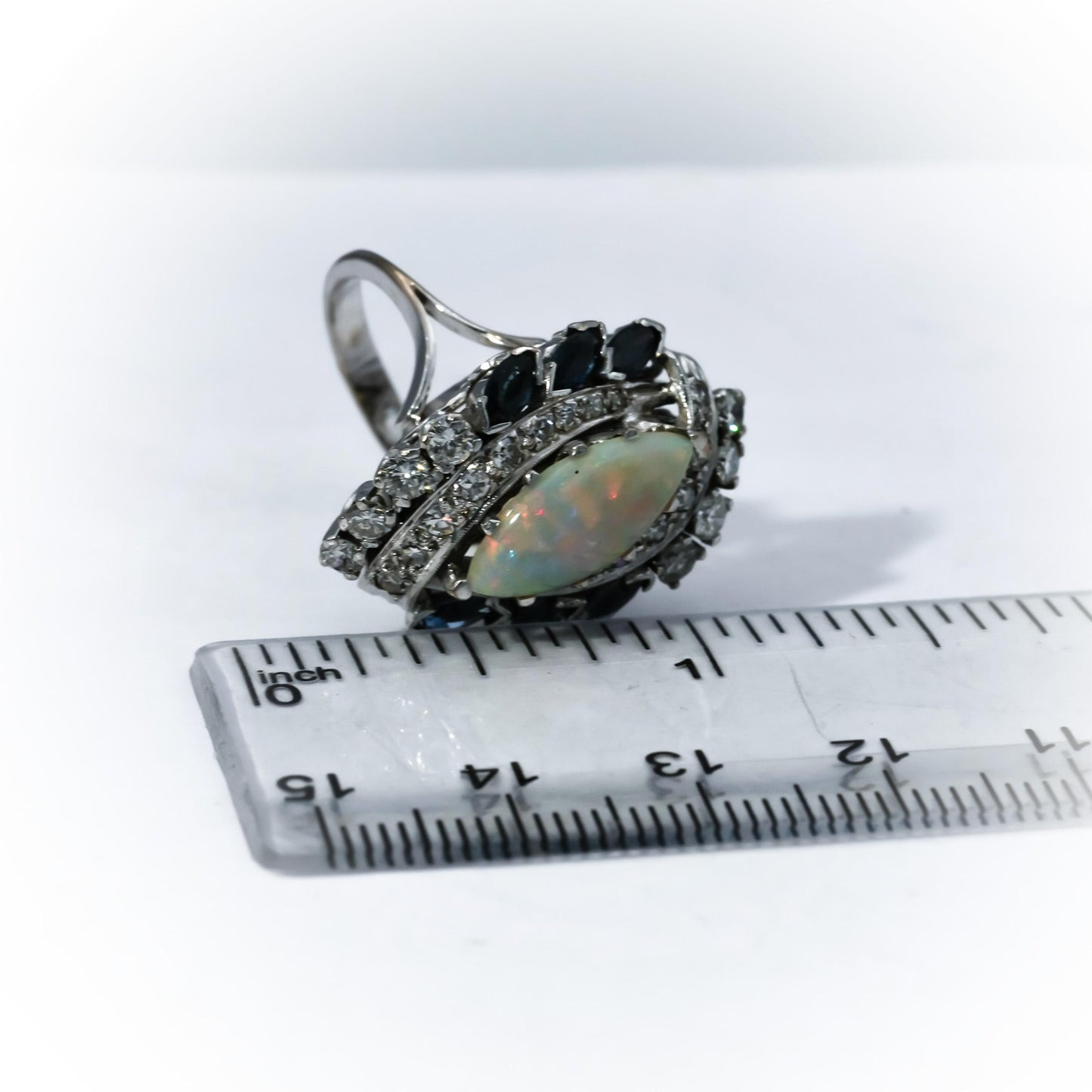 Antique Vintage 14k White Gold Diamond Opal Sapphire Ring 3.35CT Size 5.75